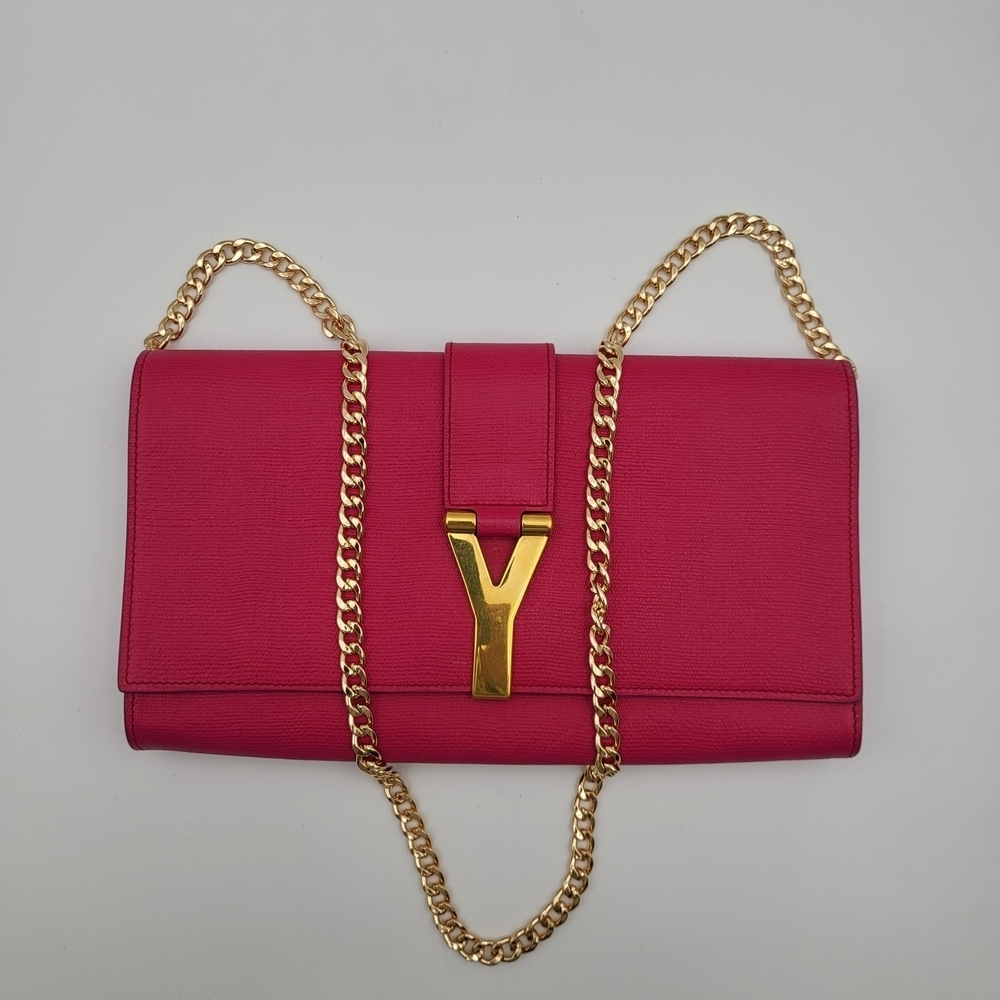 YVES  SAINT LAURENTCalfskin Classic Y Ligne Clutch Fuchsia..Authentic... - Picture 1 of 16